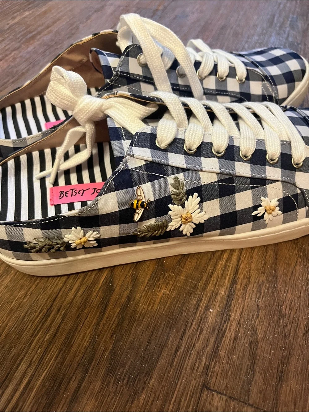 Betsey Johnson Navy & White Gingham Lace-Up Sneakers with Daisy Embroidery 11